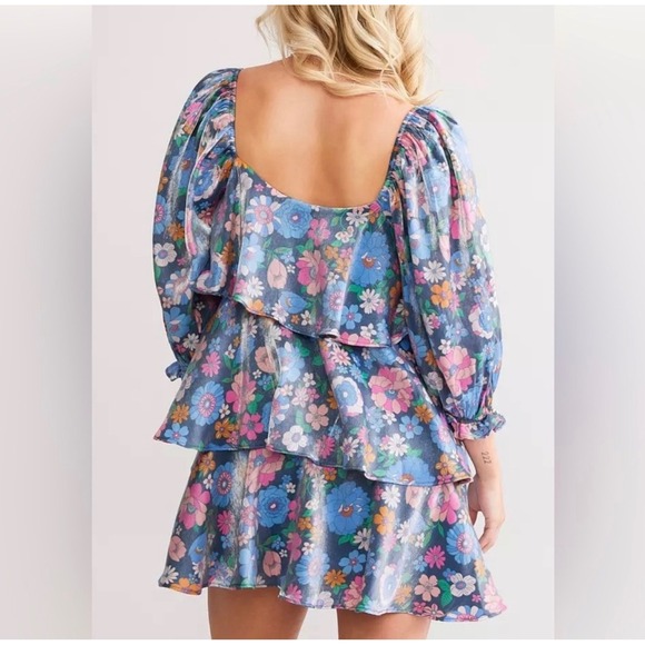 STORIA Womens Floral Tiered Puff Sleeve Mini Dress Metallic Blue Size L Cottage - Picture 4 of 10